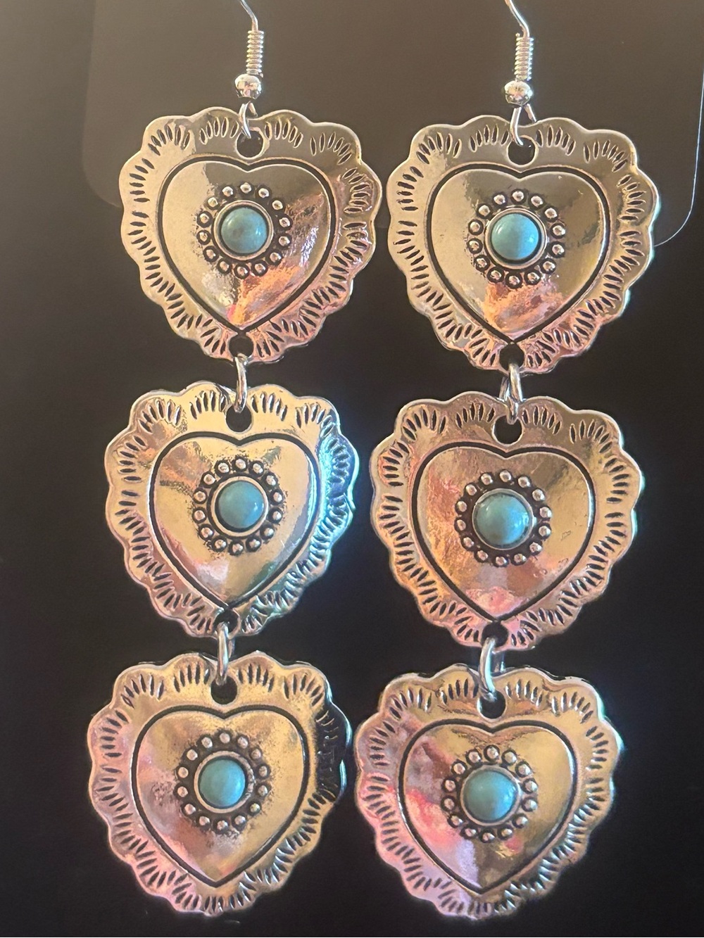 Turquoise Accent Silver-Tone Heart Drop Earrings - Women Jewelry